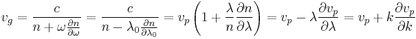 v_g = \frac{c}{n %2B \omega \frac{\partial n}{\partial \omega}} = \frac{c}{n - \lambda_0 \frac{\partial n}{\partial \lambda_0}} = v_p \left( 1%2B\frac{\lambda}{n} \frac{\partial n}{\partial \lambda} \right) = v_p - \lambda \frac{\partial v_p}{\partial \lambda} = v_p %2B k \frac{\partial v_p}{\partial k}