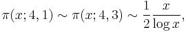 \pi(x;4,1)\sim\pi(x;4,3)\sim \frac{1}{2}\frac{x}{\log x},