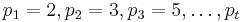 p_1=2,p_2=3,p_3=5, \dots ,p_t