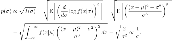 \begin{align}p(\sigma) & \propto \sqrt{I(\sigma)}
= \sqrt{\operatorname{E}\!\left[ \left( \frac{d}{d\sigma} \log f(x|\sigma) \right)^2\right]}
= \sqrt{\operatorname{E}\!\left[ \left( \frac{(x - \mu)^2-\sigma^2}{\sigma^3} \right)^2 \right]} \\
& = \sqrt{\int_{-\infty}^{%2B\infty} f(x|\mu)\left(\frac{(x-\mu)^2-\sigma^2}{\sigma^3}\right)^2 dx}
= \sqrt{\frac{2}{\sigma^2}}
\propto \frac{1}{\sigma}.
\end{align}