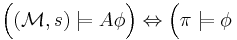 \Big( (\mathcal{M}, s) \models A\phi \Big) \Leftrightarrow \Big(\pi\models\phi