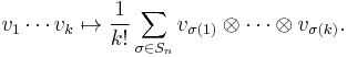 v_1\cdots v_k \mapsto \frac{1}{k!} \sum_{\sigma \in S_n} v_{\sigma(1)}\otimes \cdots \otimes v_{\sigma(k)}.