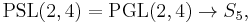 \operatorname{PSL}(2,4) = \operatorname{PGL}(2,4) \to S_5,