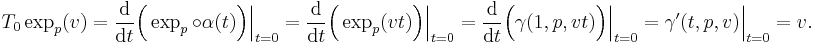 
T_0\exp_p(v) = \frac{\mathrm d}{\mathrm d t}  \Bigl(\exp_p\circ\alpha(t)\Bigr)\Big\vert_{t=0} = \frac{\mathrm d}{\mathrm d t} \Bigl(\exp_p(vt)\Bigr)\Big\vert_{t=0}=\frac{\mathrm d}{\mathrm d t} \Bigl(\gamma(1,p,vt)\Bigr)\Big\vert_{t=0}= \gamma'(t,p,v)\Big\vert_{t=0}=v.
