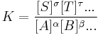 K=\frac{[S]^\sigma [T]^\tau ... } {[A]^\alpha [B]^\beta ...} 