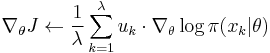 \nabla_\theta J \leftarrow \frac{1}{\lambda}\sum_{k=1}^{\lambda} u_k \cdot \nabla_\theta\log\pi(x_k | \theta) 