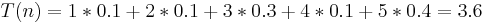 T(n) = 1*0.1 %2B 2*0.1 %2B 3*0.3 %2B 4*0.1 %2B 5*0.4 = 3.6