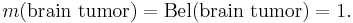 m(\text{brain tumor}) = \operatorname{Bel}(\text{brain tumor}) = 1. \, 