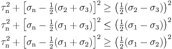 \begin{align}
\tau_\mathrm{n}^2 %2B \left[ \sigma_\mathrm{n}- \tfrac{1}{2} (\sigma_2 %2B \sigma_3) \right]^2 \ge \left( \tfrac{1}{2}(\sigma_2 - \sigma_3) \right)^2 \\
\tau_\mathrm{n}^2 %2B \left[ \sigma_\mathrm{n}- \tfrac{1}{2} (\sigma_1 %2B \sigma_3) \right]^2 \le \left( \tfrac{1}{2}(\sigma_1 - \sigma_3) \right)^2 \\
\tau_\mathrm{n}^2 %2B \left[ \sigma_\mathrm{n}- \tfrac{1}{2} (\sigma_1 %2B \sigma_2) \right]^2 \ge \left( \tfrac{1}{2}(\sigma_1 - \sigma_2) \right)^2 \\
\end{align}\,\!