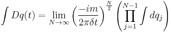 
\int Dq(t) =
\lim_{N\to\infty}\left( {-i m \over 2\pi \delta t } \right)^{N\over 2} 
\left( \prod_{j=1}^{N-1} \int dq_j \right)
