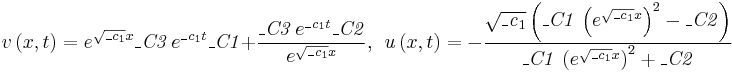 v \left( x,t \right) ={e^{\sqrt {{\it \_c}_{{1}}}x}}{\it \_C3
}\,{e^{{\it \_c}_{{1}}t}}{\it \_C1}%2B{\frac {{\it \_C3}\,{e^{{\it \_c}_
{{1}}t}}{\it \_C2}}{{e^{\sqrt {{\it \_c}_{{1}}}x}}}}, \  \  u \left( x,t
 \right) =-{\frac {\sqrt {{\it \_c}_{{1}}} \left( {\it \_C1}\, \left(
{e^{\sqrt {{\it \_c}_{{1}}}x}} \right) ^{2}-{\it \_C2} \right) }{{\it
\_C1}\, \left( {e^{\sqrt {{\it \_c}_{{1}}}x}} \right) ^{2}%2B{\it \_C2}} }
