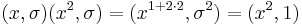 (x,\sigma)(x^2,\sigma)=(x^{1%2B2\cdot2},\sigma^2)=(x^2,1)