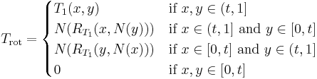 T_{\mathrm{rot}} = \begin{cases}
  T_1(x, y) & \mbox{if } x, y \in (t, 1] \\
  N(R_{T_1}(x, N(y))) & \mbox{if } x \in (t, 1] \mbox{ and } y \in [0, t] \\
  N(R_{T_1}(y, N(x))) & \mbox{if } x \in [0, t] \mbox{ and } y \in (t, 1] \\
  0 & \mbox{if } x, y \in [0, t]
\end{cases}