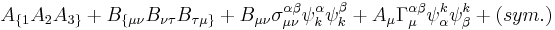 A_{\{1} A_2 A_{3\}} %2B B_{\{\mu \nu} B_{\nu \tau} B_{\tau \mu\}} %2B B_{\mu \nu} \sigma_{\mu \nu}^{\alpha \beta} \psi^\alpha_k \psi^\beta_k %2B A_\mu \Gamma_\mu^{\alpha \beta} \psi^k_\alpha \psi^k_\beta %2B (sym.)