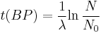 t(BP) = \frac{1}{\lambda} {\ln \frac{N}{N_0}}