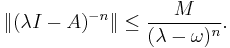 \|(\lambda I-A)^{-n}\|\leq\frac{M}{(\lambda-\omega)^n}.