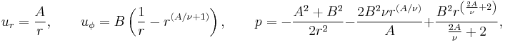 
  u_r=\frac{A}{r}, \qquad
  u_\phi=B\left(\frac{1}{r}-r^\left(A/\nu%2B1\right)\right), \qquad
  p = -\frac{A^2%2BB^2}{2r^2} - \frac{2B^2 \nu r^\left(A/\nu\right)}{A} %2B
       \frac{B^2 r^\left(\frac{2A}{\nu}%2B2\right)}{\frac{2A}{\nu}%2B2},
