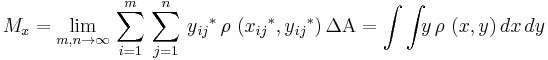 M_x = \lim_{m,n \to \infty}\,\sum_{i=1}^{m}\,\sum_{j=1}^{n}\,y{_{ij}}^{*}\,\rho\ (x{_{ij}}^{*},y{_{ij}}^{*})\,\Delta\Alpha  = \int\int_{}{} y\, \rho\ (x,y)\,dx\,dy