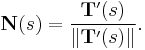 \mathbf{N}(s) = \frac{\mathbf{T}'(s)}{\|\mathbf{T}'(s)\|}.