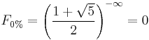 F_{0\%} = \left({\frac{1 %2B \sqrt{5}}{2}}\right)^{-\infty}  = 0 \,