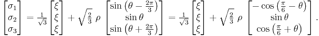 
  \begin{bmatrix} \sigma_1 \\ \sigma_2 \\ \sigma_3 \end{bmatrix} = 
  \tfrac{1}{\sqrt{3}} \begin{bmatrix} \xi \\ \xi \\ \xi \end{bmatrix} %2B 
  \sqrt{\tfrac{2}{3}}~\rho~\begin{bmatrix} \sin\left(\theta-\tfrac{2\pi}{3}\right) \\ \sin\theta \\ \sin\left(\theta%2B\tfrac{2\pi}{3}\right) \end{bmatrix}
= \tfrac{1}{\sqrt{3}} \begin{bmatrix} \xi \\ \xi \\ \xi \end{bmatrix} %2B 
  \sqrt{\tfrac{2}{3}}~\rho~\begin{bmatrix} -\cos\left(\tfrac{\pi}{6}-\theta\right) \\ \sin\theta \\ \cos\left(\tfrac{\pi}{6}%2B\theta\right) \end{bmatrix}
  \,.
 