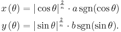 
\begin{align}
 x\left(\theta\right) &= {|\cos \theta|}^{\frac{2}{n}} \cdot a \sgn(\cos \theta) \\
 y\left(\theta\right) &= {|\sin \theta|}^{\frac{2}{n}} \cdot b \sgn(\sin \theta).
\end{align}
