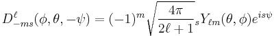 
D^\ell_{-m s}(\phi,\theta,-\psi) =(-1)^m \sqrt\frac{4\pi}{2\ell%2B1} {}_sY_{\ell m}(\theta,\phi) e^{is\psi}
