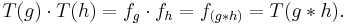  T(g) \cdot T(h) = f_g \cdot f_h = f_{(g*h)} = T(g*h).