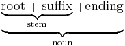 
\underbrace{\underbrace{\mathrm{root%2Bsuffix}}_{\mathrm{stem}} %2B \mathrm{ending}}_{\mathrm{noun}}
