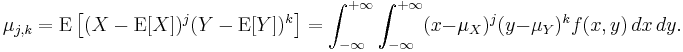  \mu_{j,k} = \operatorname{E} \left[ ( X - \operatorname{E}[X] )^j ( Y - \operatorname{E}[Y] )^k \right]  = \int_{-\infty}^{%2B\infty} \int_{-\infty}^{%2B\infty} (x - \mu_X)^j (y - \mu_Y)^k f(x,y )\,dx \,dy. 