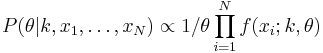 P(\theta | k, x_1, \dots, x_N) \propto 1/\theta \prod_{i=1}^N f(x_i; k, \theta)\,\!