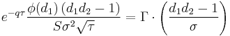 e^{-q \tau} \frac{\phi(d_1)\left(d_1 d_2 - 1\right)}{S\sigma^2\sqrt{\tau}} = \Gamma\cdot\left(\frac{d_1 d_2 -1}{\sigma}\right) \, 