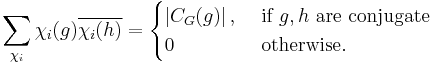 \sum_{\chi_i} \chi_i(g) \overline{\chi_i(h)} = \begin{cases} \left | C_G(g) \right |, & \mbox{ if } g, h \mbox{ are conjugate } \\ 0 & \mbox{ otherwise.}\end{cases}