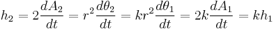 
h_2 = 2 \frac{dA_2}{dt} = r^2 \frac{d\theta_2}{dt} =
k r^2 \frac{d\theta_1}{dt} = 2 k \frac{dA_1}{dt} = k h_1
