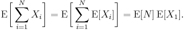 \operatorname{E}\biggl[\sum_{i=1}^NX_i\biggr]
=\operatorname{E}\biggl[\sum_{i=1}^N\operatorname{E}[X_i]\biggr]
=\operatorname{E}[N]\,\operatorname{E}[X_1].