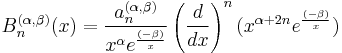 B_n^{(\alpha,\beta)}(x)=\frac{a_n^{(\alpha,\beta)}}{x^{\alpha} e^{\frac{(-\beta)}{x}}} \left(\frac{d}{dx}\right)^n (x^{\alpha%2B2n} e^{\frac{(-\beta)}{x}})