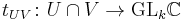 t_{UV}\colon U\cap V \to \mathrm{GL}_k\mathbb C