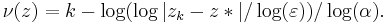 \nu(z) = k - \log(\log|z_k - z*|/\log(\varepsilon))/\log(\alpha). \, 