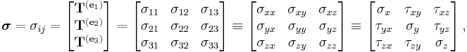 \boldsymbol{\sigma}= \sigma_{ij} = \left[{\begin{matrix} \mathbf{T}^{(\mathbf{e}_1)} \\
\mathbf{T}^{(\mathbf{e}_2)} \\
\mathbf{T}^{(\mathbf{e}_3)} \\
\end{matrix}}\right] =
\left[{\begin{matrix}
\sigma _{11} & \sigma _{12} & \sigma _{13} \\
\sigma _{21} & \sigma _{22} & \sigma _{23} \\
\sigma _{31} & \sigma _{32} & \sigma _{33} \\
\end{matrix}}\right] \equiv \left[{\begin{matrix}
\sigma _{xx} & \sigma _{xy} & \sigma _{xz} \\
\sigma _{yx} & \sigma _{yy} & \sigma _{yz} \\
\sigma _{zx} & \sigma _{zy} & \sigma _{zz} \\
\end{matrix}}\right] \equiv \left[{\begin{matrix}
\sigma _x & \tau _{xy} & \tau _{xz} \\
\tau _{yx} & \sigma _y & \tau _{yz} \\
\tau _{zx} & \tau _{zy} & \sigma _z \\
\end{matrix}}\right],