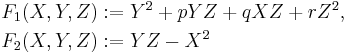 \begin{align}
F_1(X,Y,Z) &:= Y^2 %2B pYZ %2B qXZ %2B rZ^2,\\
F_2(X,Y,Z) &:= YZ - X^2
\end{align}