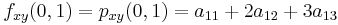 f_{xy}(0,1) = p_{xy}(0,1) = a_{11} %2B 2a_{12} %2B 3a_{13}