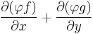 \frac{ \partial (\varphi f) }{ \partial x } %2B \frac{ \partial (\varphi g) }{ \partial y }