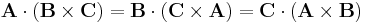  \mathbf{A}\cdot\left(\mathbf{B}\times\mathbf{C}\right)=\mathbf{B}\cdot\left(\mathbf{C}\times\mathbf{A}\right)=\mathbf{C}\cdot\left(\mathbf{A}\times\mathbf{B}\right)