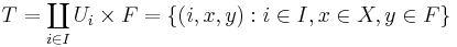 T = \coprod_{i\in I}U_i \times F = \{(i,x,y)�: i\in I, x\in X, y\in F\}