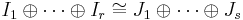  I_1 \oplus \cdots \oplus I_r \cong J_1 \oplus \cdots \oplus J_s