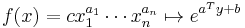 f(x) = c x_1^{a_1} \cdots x_n^{a_n} \mapsto e^{a^T y %2Bb}