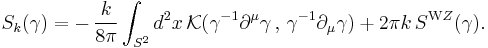 S_k(\gamma)= - \,  \frac {k}{8\pi} \int_{S^2} d^2x\, 
\mathcal{K} (\gamma^{-1} \partial^\mu \gamma \,  , \,   
\gamma^{-1} \partial_\mu \gamma) %2B 2\pi k\, S^{\mathrm WZ}(\gamma).