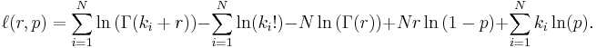 \ell(r,p) = \sum_{i=1}^N \ln{(\Gamma(k_i %2B r))} - \sum_{i=1}^N \ln(k_i�!) - N\ln{(\Gamma(r))} %2B Nr\ln{(1-p)} %2B \sum_{i=1}^N k_i \ln(p).