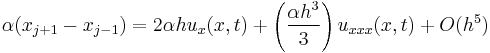 \alpha(x_{j%2B1}-x_{j-1})=2\alpha hu_x(x,t)%2B\left(\frac{\alpha h^3}{3}\right)u_{xxx}(x,t)%2BO(h^5)