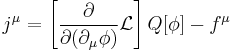 j^\mu=\left[\frac{\partial}{\partial
(\partial_\mu\phi)}\mathcal{L}\right]Q[\phi]-f^\mu